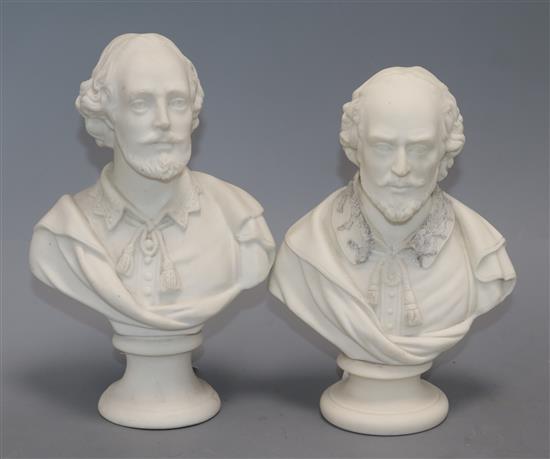 A Copeland Parian ware bust of William Shakespeare (lace collar a.f.), H 20cm and another similar bust